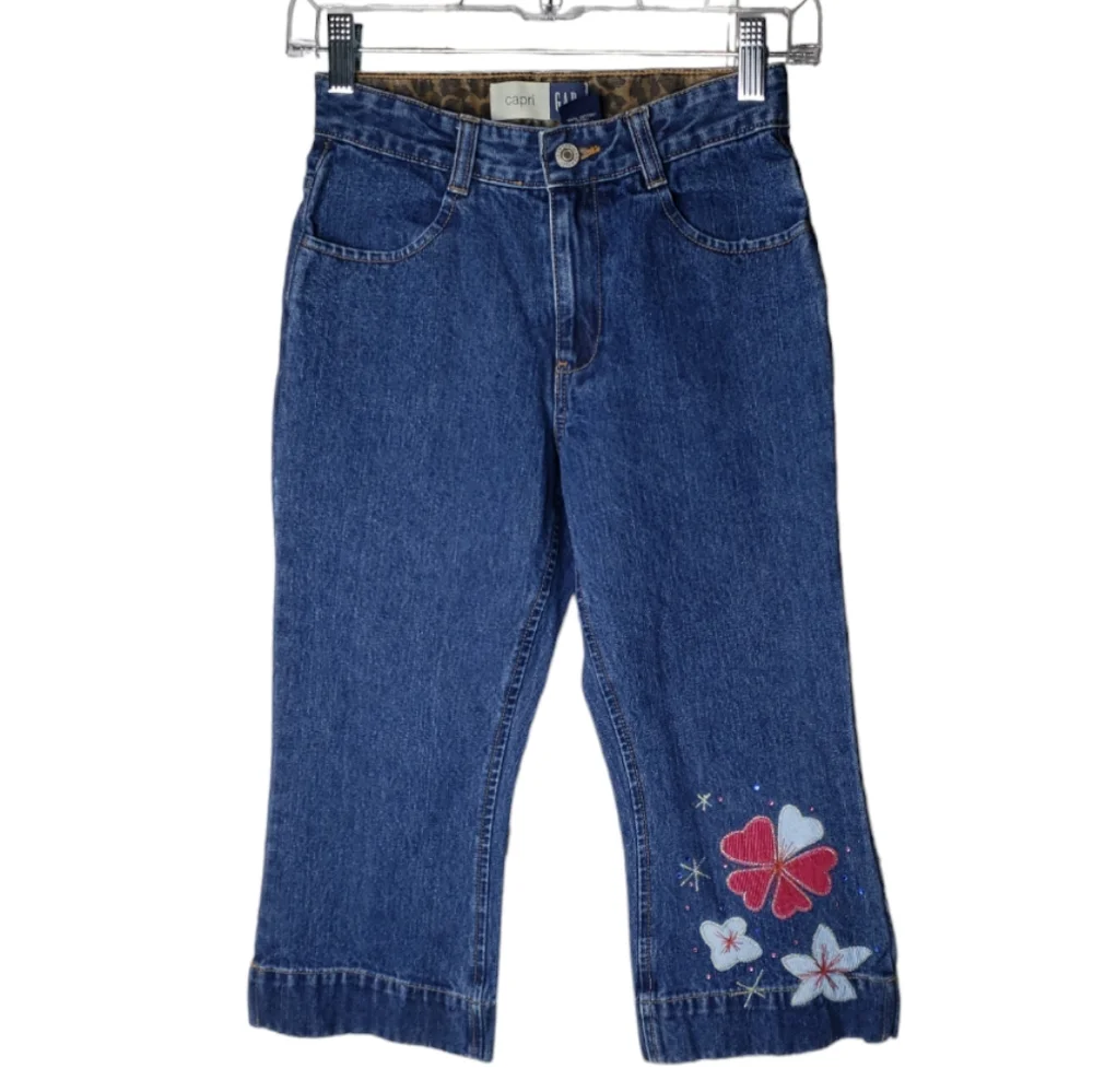 Vintage Gap Kids Cotton Applique Embroidered Bling Girls Denim Capri Jeans Sz 10